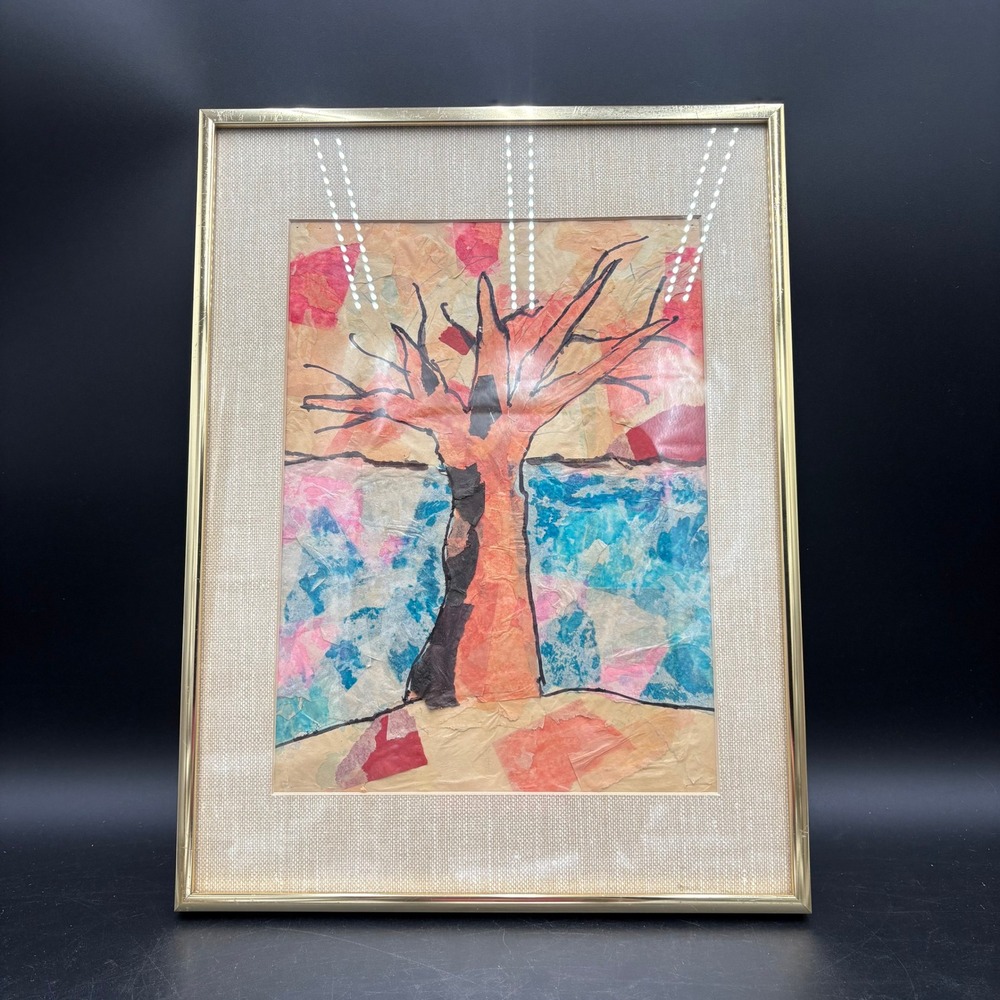 Vtg Mixed Media Tissue Paper Tree Collage Framed Art David Hornik 12x16